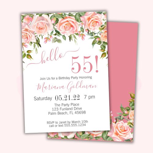 55th Birthday Invitations Pink Floral Modern Party