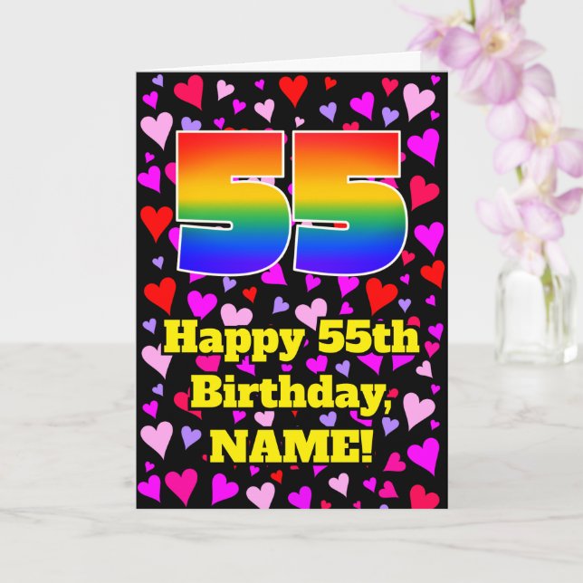 55th Birthday: Loving Hearts Pattern, Rainbow # 55 Card (Orchid)