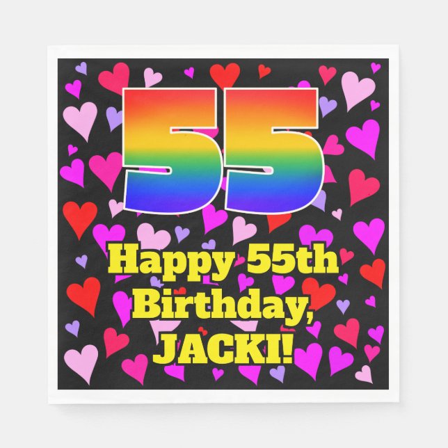 55th Birthday: Loving Hearts Pattern, Rainbow # 55 Napkins (Front)