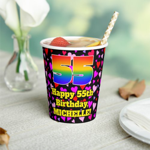 55th Birthday Loving Hearts Pattern Rainbow 55 Paper Cups