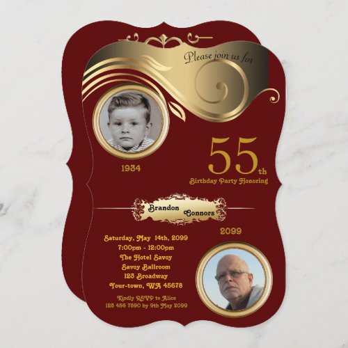 55thBirthday Man age art decoBordeaux gold Invitation