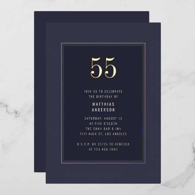 55th Birthday Minimal Elegant Dark Gold Frame Foil Invitation (Front/Back)