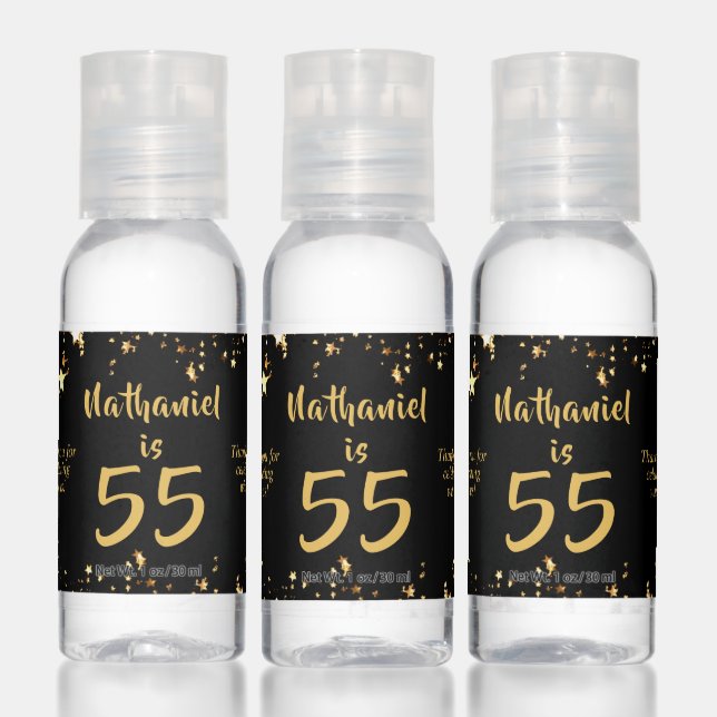 55th Birthday Modern Black Gold Stars Favor Gift Hand Sanitizer (Set)