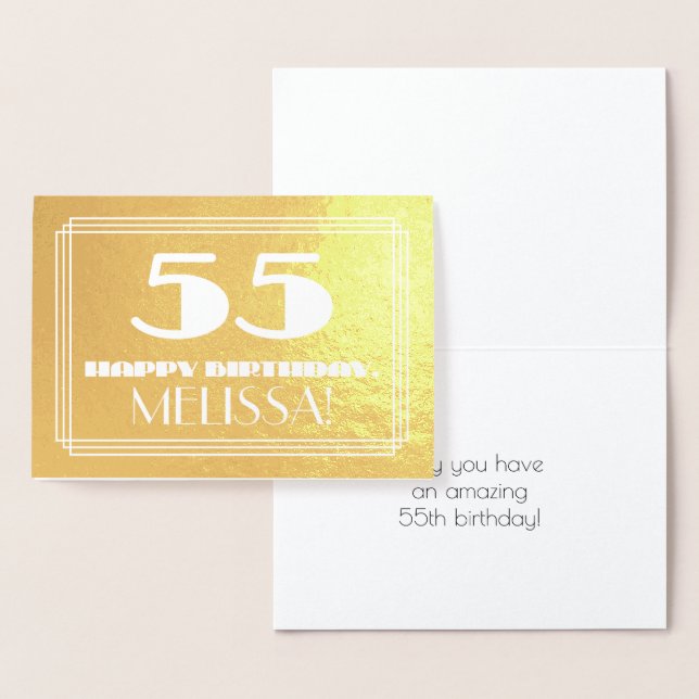 55th Birthday: Name + Art Deco Inspired Look "55" Foil Card (Display)