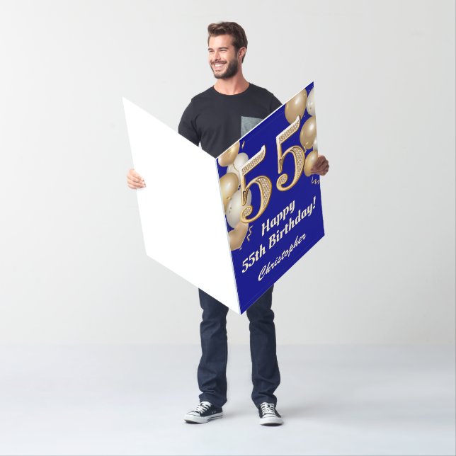 55th Birthday Navy Blue Gold Balloons Extra Large Card (In Situ)