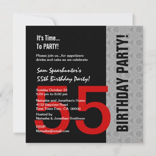 55th Birthday Or Any Year Red Silver Black C846B Invitation