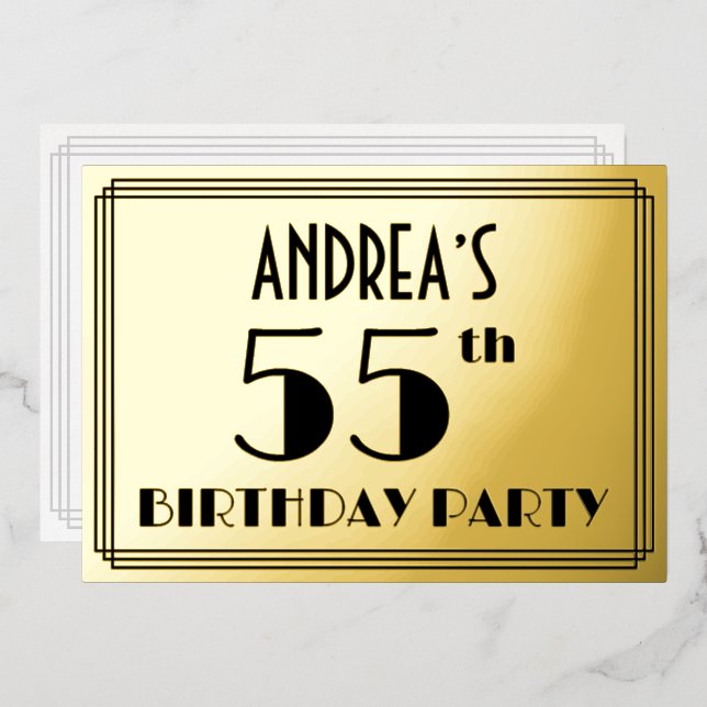55th Birthday Party — Art Deco Look “55” + Name Foil Invitation (Front/Back)