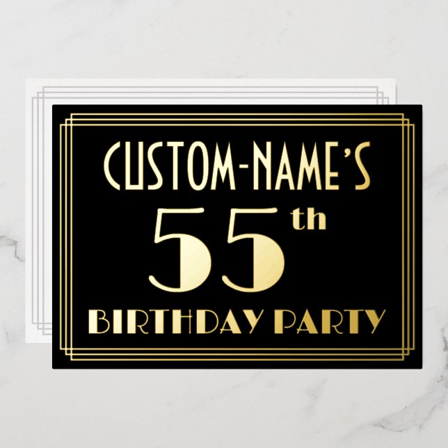 55th Birthday Party: Art Deco Look “55”, w/ Name Foil Invitation (Front/Back)