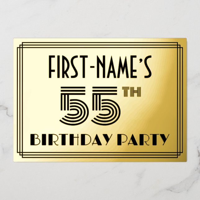 55th Birthday Party — Art Deco Style “55” & Name Foil Invitation (Front)