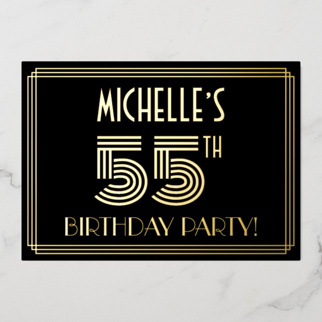 55th Birthday Party — Art Deco Style “55” + Name Foil Invitation (Front)