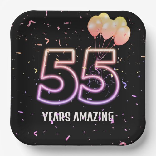 55th Birthday Party Balloons and Confetti Paper Plates