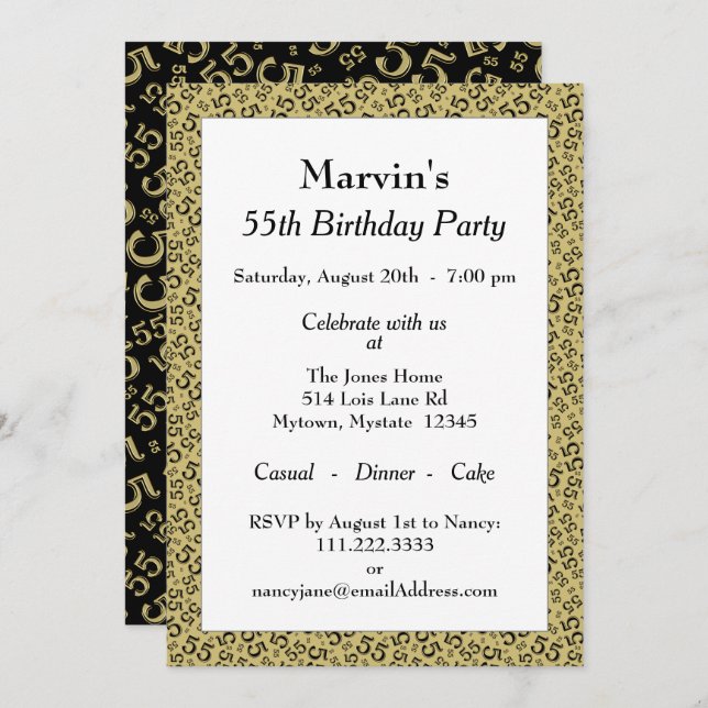 55th Birthday Party, Black/Gold Number Pattern Invitation (Front/Back)