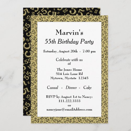 55th Birthday Party BlackGold Number Pattern Invitation