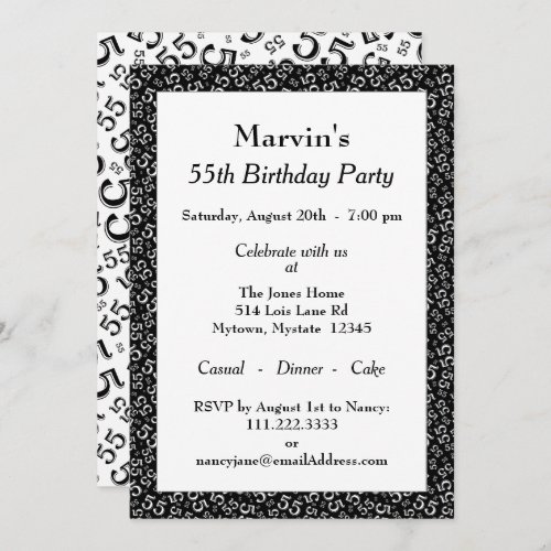 55th Birthday Party BlackWhite Number Pattern Invitation