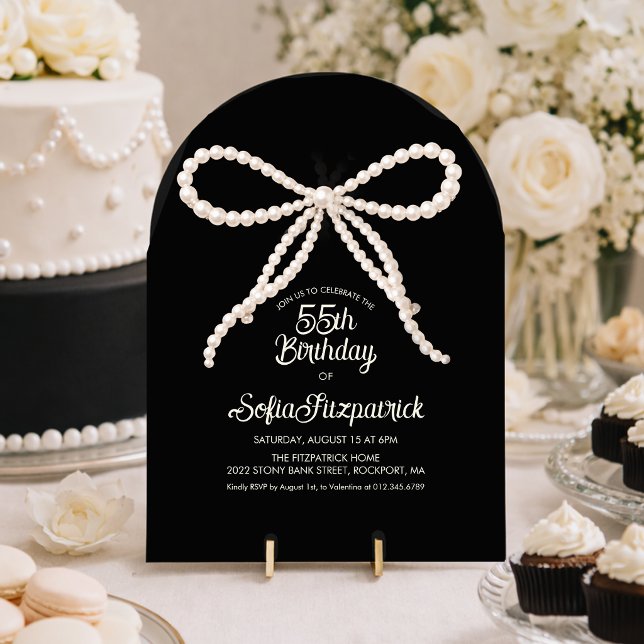 55th Birthday Party Black White Pearl Bow Arch Invitation (Creator Uploaded)