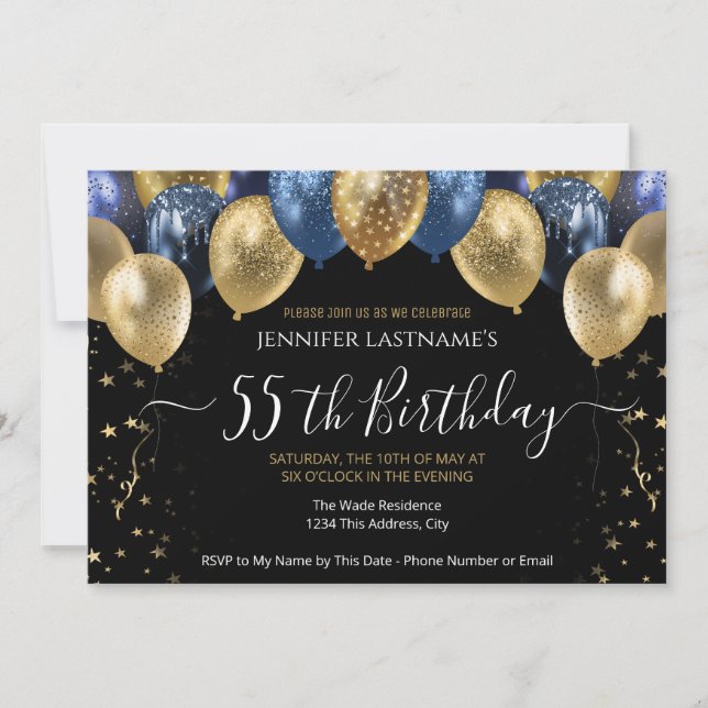 55th Birthday Party Blue and Gold Invitation (Front)