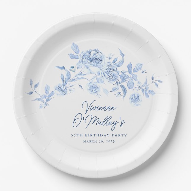 55th Birthday Party Blue Rose Floral Custom Paper Plates (Front)