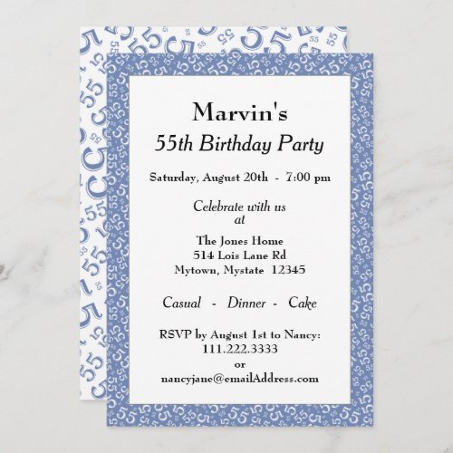 55th Birthday Party BlueWhite Number Pattern Invitation