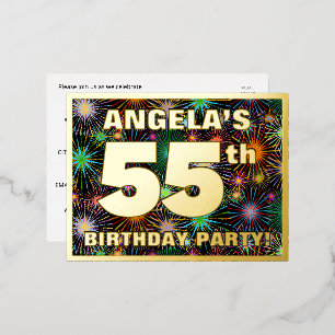 55th Birthday Party: Bold, Colorful Fireworks Look Foil Invitation Postcard