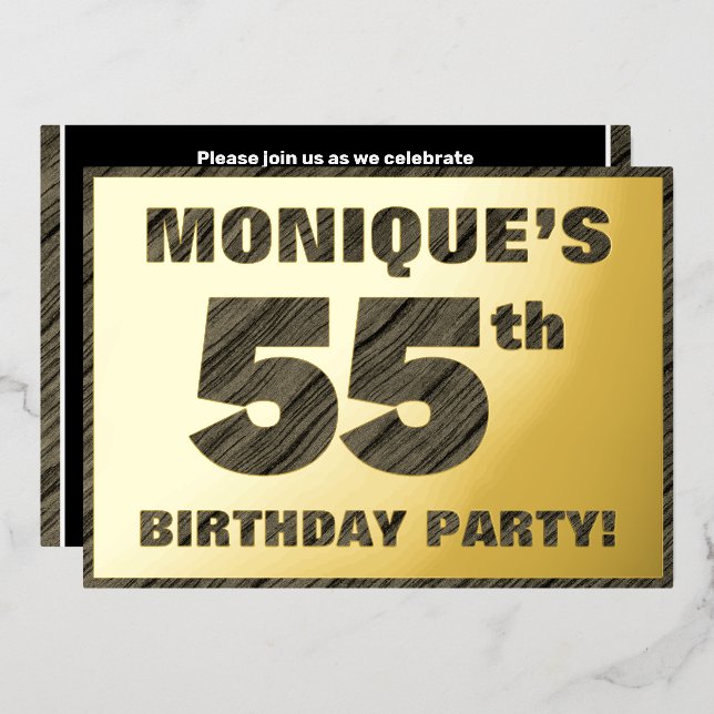 55th Birthday Party — Bold, Faux Wood Grain Text Foil Invitation (Front/Back)