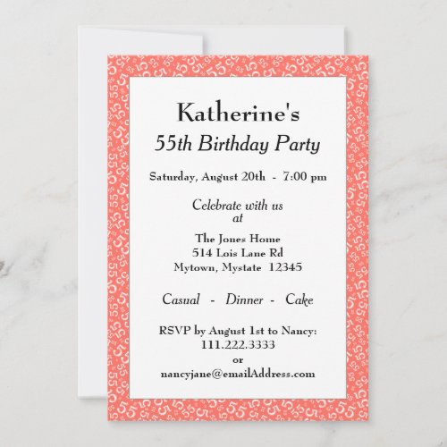 55th Birthday Party CoralWhite Number Pattern Invitation