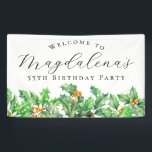 55th Birthday Party December Birth Flower Welcome Banner<br><div class="desc">Elegant winter watercolor green holly sprigs create a beautiful holiday greenery border at the bottom of this birthday party welcome banner,  green holly is the December birth flower. A trendy font combination gives it a modern vibe. All of the text is editable.</div>