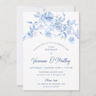 55th Birthday Party Dusty Blue Floral Invitation
