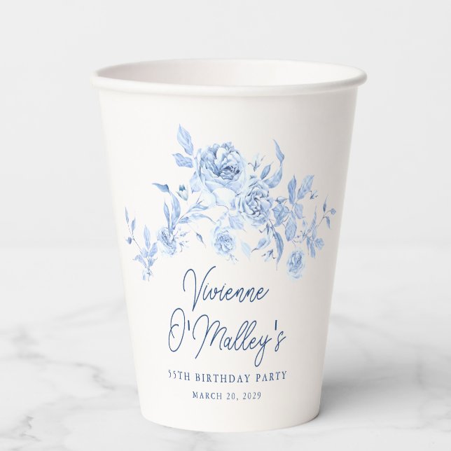 55th Birthday Party Dusty Blue Rose Floral Custom Paper Cups (Front)