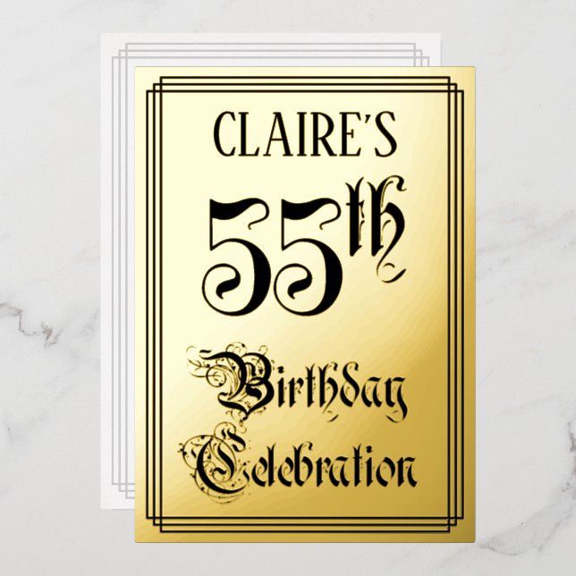 55th Birthday Party — Elegant Script + Custom Name Foil Invitation (Front/Back)