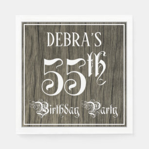 55th Birthday Party — Fancy Script, Faux Wood Look Napkins