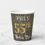 [ Thumbnail: 55th Birthday Party — Faux Gold & Faux Wood Looks Paper Cups ]