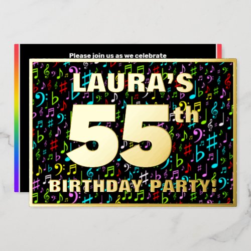 55th Birthday Party â Fun Colorful Music Symbols Foil Invitation