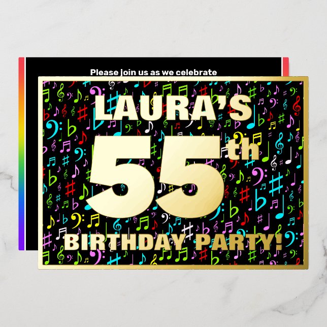 55th Birthday Party — Fun, Colorful Music Symbols Foil Invitation (Front/Back)