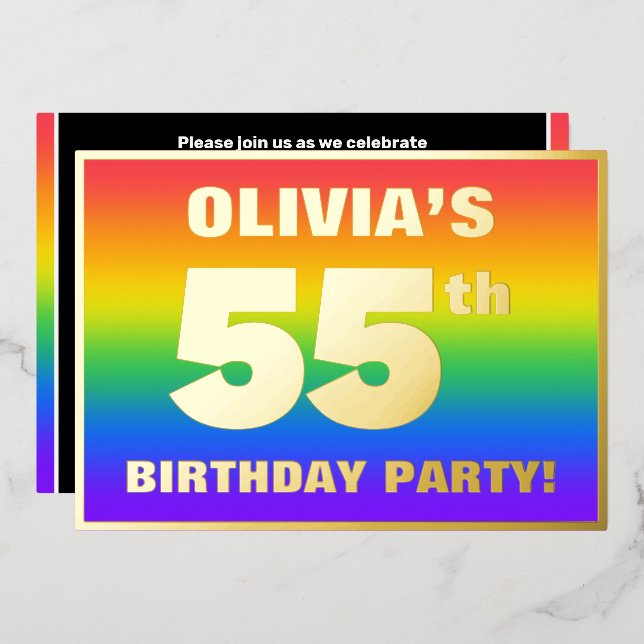 55th Birthday Party: Fun, Colorful Rainbow Pattern Foil Invitation (Front/Back)
