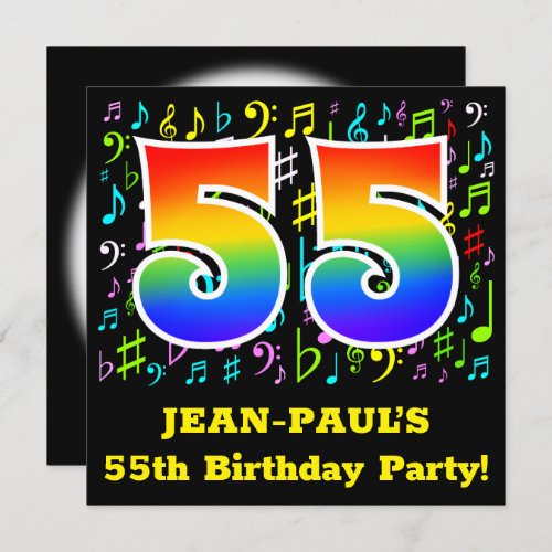 55th Birthday Party Fun Music Symbols Rainbow 55 Invitation