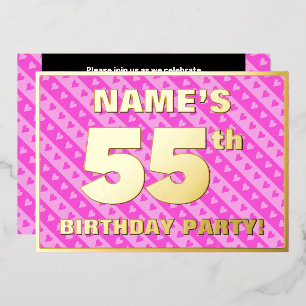 55th Birthday Party — Fun Pink Hearts and Stripes Foil Invitation