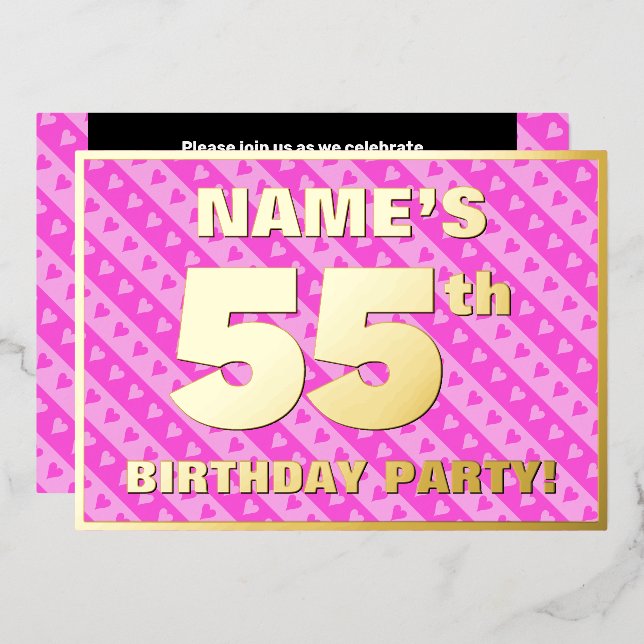 55th Birthday Party — Fun Pink Hearts and Stripes Foil Invitation (Front/Back)