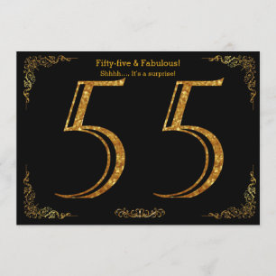 55th Birthday party,Gatsby styl,black gold glitter Invitation