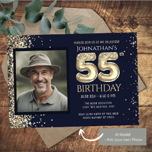 55th Birthday Party Gold Blue Invitation