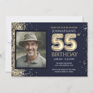55th Birthday Party Gold Blue Invitation