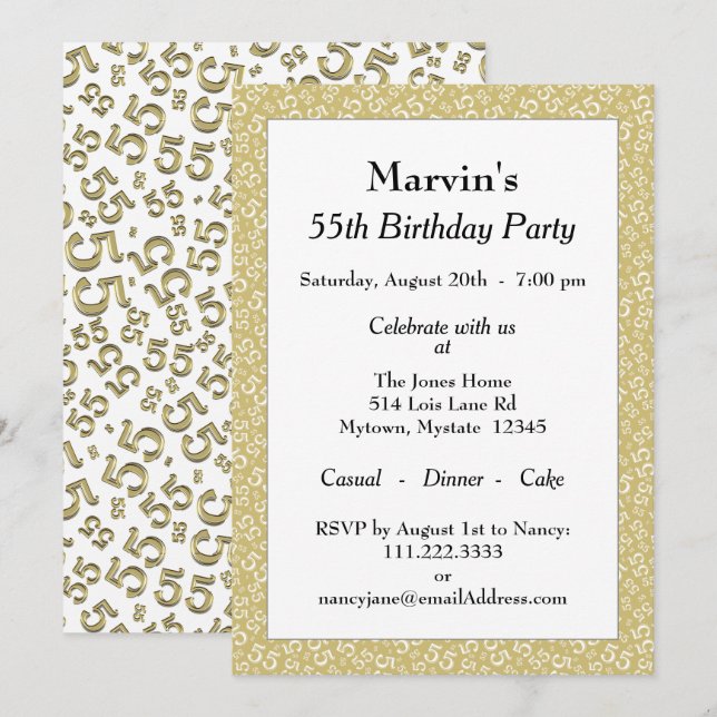 55th Birthday Party, Gold/White Number Pattern Invitation (Front/Back)