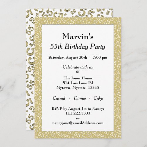 55th Birthday Party GoldWhite Number Pattern Invitation