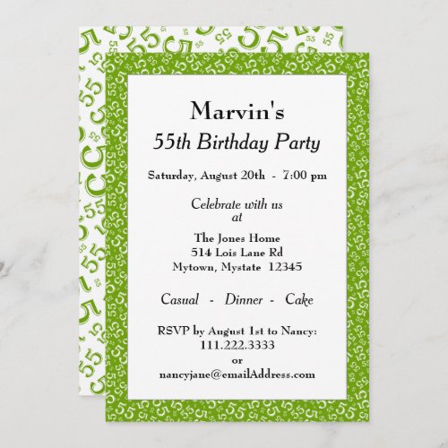55th Birthday Party GreenWhite Number Pattern Invitation