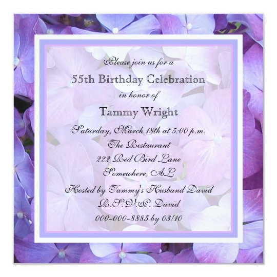 55th Birthday Party Invitation Purple Hydrangeas 