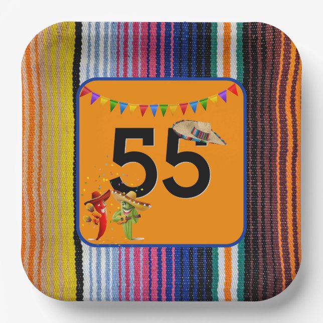 55th Birthday Party Mexican Design Paper Plates (Front)