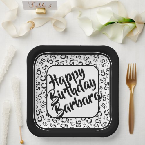 55th Birthday Party Number Pattern Black White Paper Plates