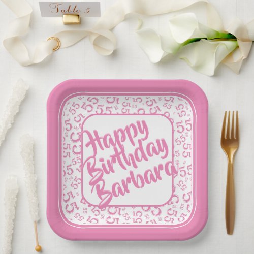 55th Birthday Party Number Pattern Pink White Paper Plates