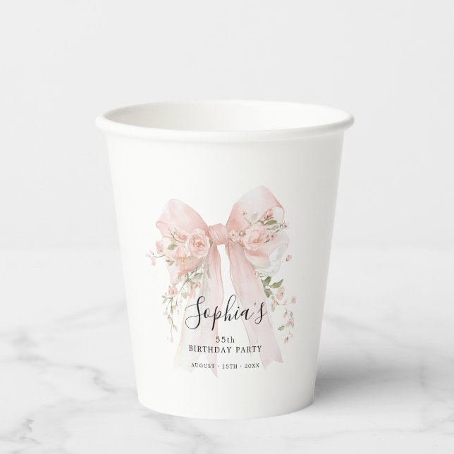 55th Birthday Party Pink Bow with Roses Custom Paper Cups (Front)