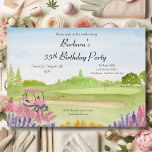 55th Birthday Party Pink Golf Cart Golf Course Invitation<br><div class="desc">This charming watercolor features a pine-lined golf course and a playful pink golf cart, framed by soft pink astilbe and blooming Russian sage—creating a lighthearted, serene setting perfect for a 55th birthday celebration. Ideal for the woman who loves golf and beautiful details, this invitation blends floral elegance with sporty fun....</div>