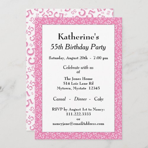 55th Birthday Party PinkWhite Number Pattern Invitation